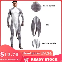 CATSUIT -kostymer Zawaland Halloween Carnival Cosplay Snow Wolf 3D Tryckt Jumpsuit långärmad tät kattdräkt kostymer zentai bodysuit med svans