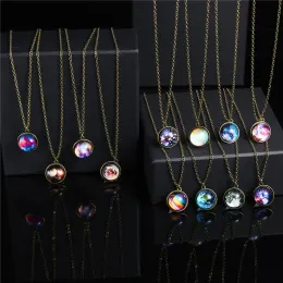 Universe Planet Glass Luminous Double-Sided Retro Pendant Necklace Women Men Galaxy Nebula Cosmic Art Picture Jewelry ll