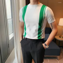 Мужские футболки 2023, летняя приталенная трикотажная мужская футболка в британском стиле с коротким рукавом, модная полосатая футболка контрастного цвета с круглым вырезом Homme 3XL