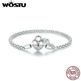 チャームブレスレットWostu Solid Sterling Silver Heart Lock Key Basic Chain Bangle Bangle Bracelet for DIYチャームビーズスネークチェーンリンクジュエリーギフト230921