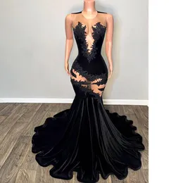 Sexy Black Velvet Mermaid Prom Dresses Custom Made Side Split Evening Celebrity Gowns Appliques vestidos festa Red Carpet Party Dress