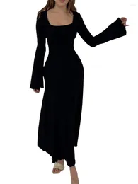 Sukienki swobodne Kobiety dzwonek z długim rękawem maxi sukienka kwadratowa szyja żebrowana bodycon szczupła fit y2k sweter streetwear