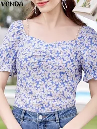 Women's Blouses Fashion Blouse Women Summer Shirts 2023 VONDA Elegant Floral Printed Sexy Square Neck Short Sleeve Ruffled Tops Casual