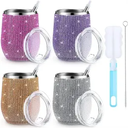 Copo bling de 12oz com strass diamante copo de vinho copo isolado de aço inoxidável com palha glitter térmico a vácuo