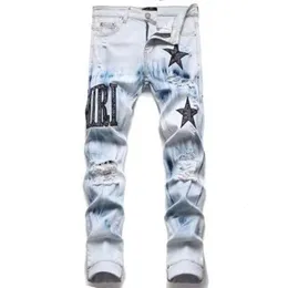 Męskie dżinsy Y2K Męskie gwiazda Haft High Street Ripped Punk Style Style Streetwear Pants For Man Slim Elastyt Pentelones 230921