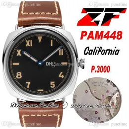 ZF ZF448 00448 Kalifornia 3 dni P 3000 Ręczne uzwojenie męskie zegarek mechaniczny 47 mm stalowa obudowa Czarna tarcza brązowa skórzana pasek Super Ed304L