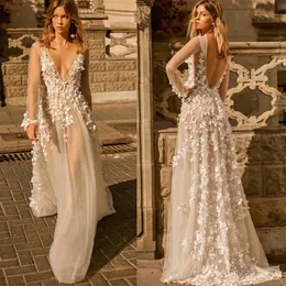 2020 Fall Berta Wedding Dress Sheer Long Sleeve Plunging V Neck Brudklänningar Sexig illusion 3D Applique Backless Boho Wedding Dress2156