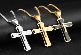 Hip Hop Cross Pendant Necklace For Men New WhiteBlack Gold Color Stainless Steel 55CM Box Link Chain Male Gift9809617