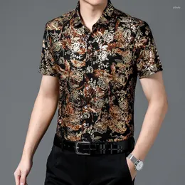 Men's Casual Shirts Hawaii Chinese Fashion 80% Silk Black Short Sleeve Both Sides Print Flower For 2023 Beach Summer Clothes