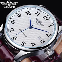 Altri orologi Vincitore Design retrò classico Calendario Cintura casual Lancette blu Moda uomo Meccanico automatico Top Brand di lusso Relógios 230921