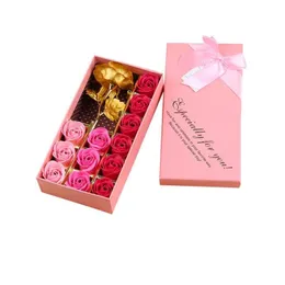 Ghirlande di fiori decorativi Petali di fiori di sapone artificiale 12 pezzi Rose con scatola imitata lamina d'oro rosa per San Valentino Matrimonio An Dh8Ix