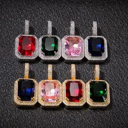 14k banhado a ouro vermelho rubi azul quadrado hip hop laboratório pingente de diamante colar de corrente joias geladas para homens mulheres presentes330c