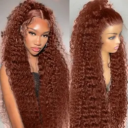 40 Inch Brazilian Glueless Reddish Brown Deep Wave Frontal Wig 250 Density Copper Red Curly Simulation Human Hair Wig 13x4 HD Lace Frontal Wig