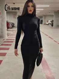 Podstawowe sukienki swobodne cnyishe kobiety turtleeck czarny seksowny bodycon maxi sukienka zimowa streetwear stojak wychodzący z szaty 230921