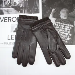 Перчатки с пятью пальцами, мужские модные короткие кожаные перчатки из овчины, теплые перчатки для вождения и езды на велосипеде с сенсорным экраном 230921