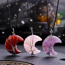 Wire Wrap crescent moon Carved Stone Pendant Rose Quartz Carving Crystal Charms Healing Decoration Ornaments Crafts Jewelry Making Necklaces