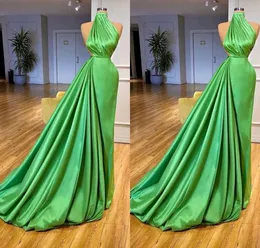 Vestidos de noite verde vestido de festa de baile formal uma linha novo personalizado plus size rendas até zíper gola alta sem mangas cetim plissado