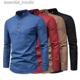 Camisas masculinas novas em tops moda manga comprida camisa casual slim fit gola de algodão linho meia aberta camisa leve masculina l230921