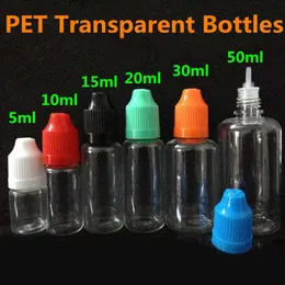 PET -flaskor rensar 5 ml 10 ml 15 ml 20 ml 30 ml 50 ml transparent plastdroppsnål Hård e -flaska med barnsäkra mössor för Essence Oils Liquid Juice Lagring Förpackning