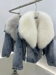 2024 Damenfell -Fellfell -Mode -Denim -Gänse Down Big White Pel Kragen abnehmbarer Gans Down Filling Inner Futter Highend -Jacke