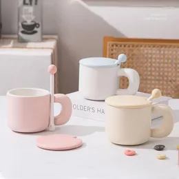 Mugs Brief Makaron Color Ceramic Coffee Cups With Lid And Spoon Thicken Home Office Milk Tea Cup Drink Water Drinkware 380ml