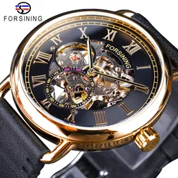 Forsining Klassische Schwarz Goldene Durchbrochene Uhren Skeleton Herren Mechanische Armbanduhren Top Marke Luxus Schwarz Echtes Leder2452