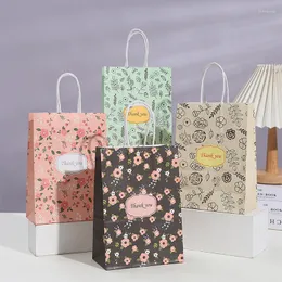 Present Wrap 5st Floral Tack Kraft Paper Bags For Wedding Party Baby Shower Packaging Bag med handtag julhandväska