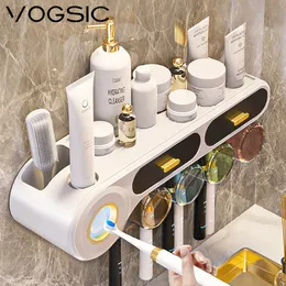 Toothbrush Holders VOGSIC Wall Toothbrush Holder Toothpaste Dispenser 2/3/4 Cups Hanger Storage Drawer Organizer For Home Bathroom Accessories Set 230921
