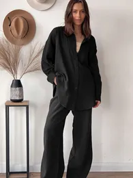 Womens Sleepwear Linad Loose Home Clothes 2 Piece Sets Solid Long Sleeve Female Casual Trouser Suits Autumn Nightwear 230921