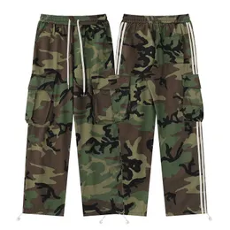 High Street Designer Fashion Brand Camo Large Pocket Side Ribbon Straight Tube Casual Pants