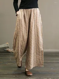 Women's Pants 2023 Autumn Vintage Striped Wide Trousers For Women High Waist Straight Capri With Print Cotton Linen Slim Home