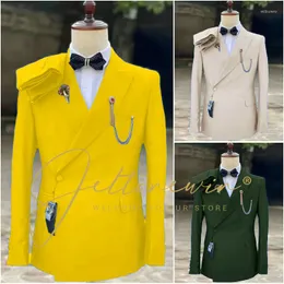 Herrdräkter jeltoin mode gul dubbelbröst män brudgummen tuxedos för bröllop kostym toppade lapel 2 stycke formell man blazer