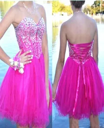 Sparkly Crystals Fuschia Homecoming Dress Sweetheart Lace up Back Tulle Short Prom Dresses Cocktail Party Dresses vestido curto Cust5414432