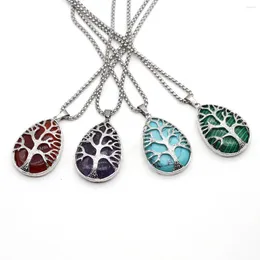 Hänge halsband Natural Stone Tree of Life Drop Shaped Reiki Healing Metal Chain Halsband för kvinnor och män smycken gåva 26x40mm