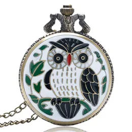 Bronze Small Animal Epoxy Cartoon Owl Målning Pocket Watch Quartz Clock Necklace Chain Relogio de Bolso Gifts for Men Women327U