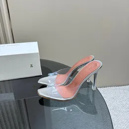 Amina Muaddi Crystal Shoes Stileetto High Heels Sandals Mules PVC Women's Luxury Transparent Designer Open Toe Slip on Invined Party Shoes Factory Footwear