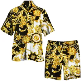 Fatos masculinos moda luxo conjuntos havaianos masculinos estampa floral manga curta botão camisa / shorts de praia / conjunto verão casual hipster roupas elegantes 230922