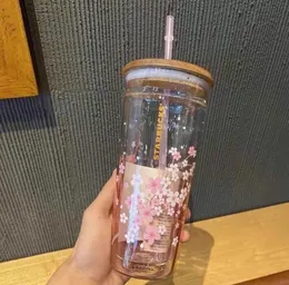 Creative mug 591ml Pink cherry blossom large capacity glass cup with straw cup6754717