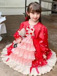 Lolita meninas vestidos de bolo bordados de renda crianças gola plissada manga bufante vestido de princesa crianças roupas de festa de natal z4335