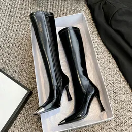 Boots High Heels 2023 Autumn And Winter Iron Head Patent Leather Stiletto Black Women's Stovepipe Zipper 230922