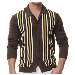 Herrtröjor springautumn europeusa stil stickad ytterkläder män polo krage randig skarv enbrödning vintage cardigan tröja m3xl 230921