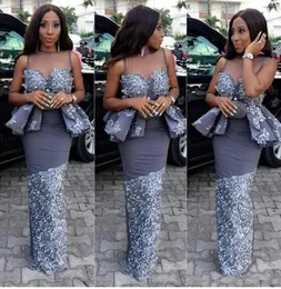 2019 Newest Fashion Shine African Evening Dresses Nigerian Styles Sheer Neck Peplum Floor Length Mermaid Prom Party Gowns2636325