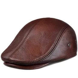 ベレットメンズアウトドアレザーハットウィンターベレー帽男性温かい耳の保護キャップ100％本物のレザーパパ卸売レジャー230922