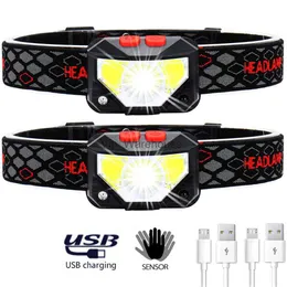 Lâmpadas de cabeça 8 modos sensor de movimento XPE + COB LED farol lanterna USB recarregável à prova d'água camping lâmpada de cabeça pesca farol de corrida HKD230926