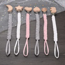 Simple Crochet Cotton Cloth Baby Pacifier Chain Moon Heart Beech Wood Clip For Handmade Baby Nipple Soother Chain Teething Toy