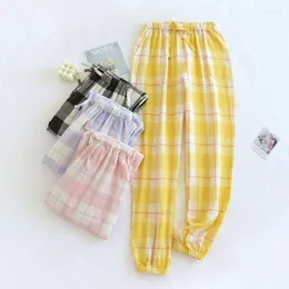 Women's Sleepwear Cotton Pajama Pants Double Layer Gauze Plaid Sleep Bottoms Elastic Waist Broadcloth Night Wears For Women