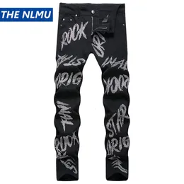 Mens Jeans Fashion Rhinestone Letter Black Streetwear Trend Slim Denim Pants 230922