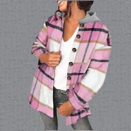Damenjacken Damen Karierte Shacket-Jacke Langarm Button-Down-Fleece-Regenmäntel mit Kapuze für Damen