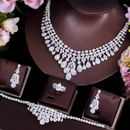 Wedding Jewelry Sets CWWZircons Super Luxury Tassel Water Drop CZ Big Bridal Necklace Earring 4 pcs Nigerian Dubai Set for Women T596 230922