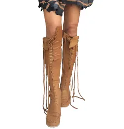 High Quality New PU Leather Boots For Women Sexy Laceup Over The Knee Boots With Tan Laces Moccasin Style Boots Women Big size X08563864